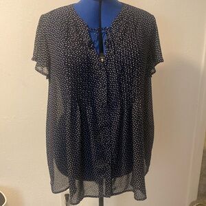 Lane Bryant navy blouse with white hearts.